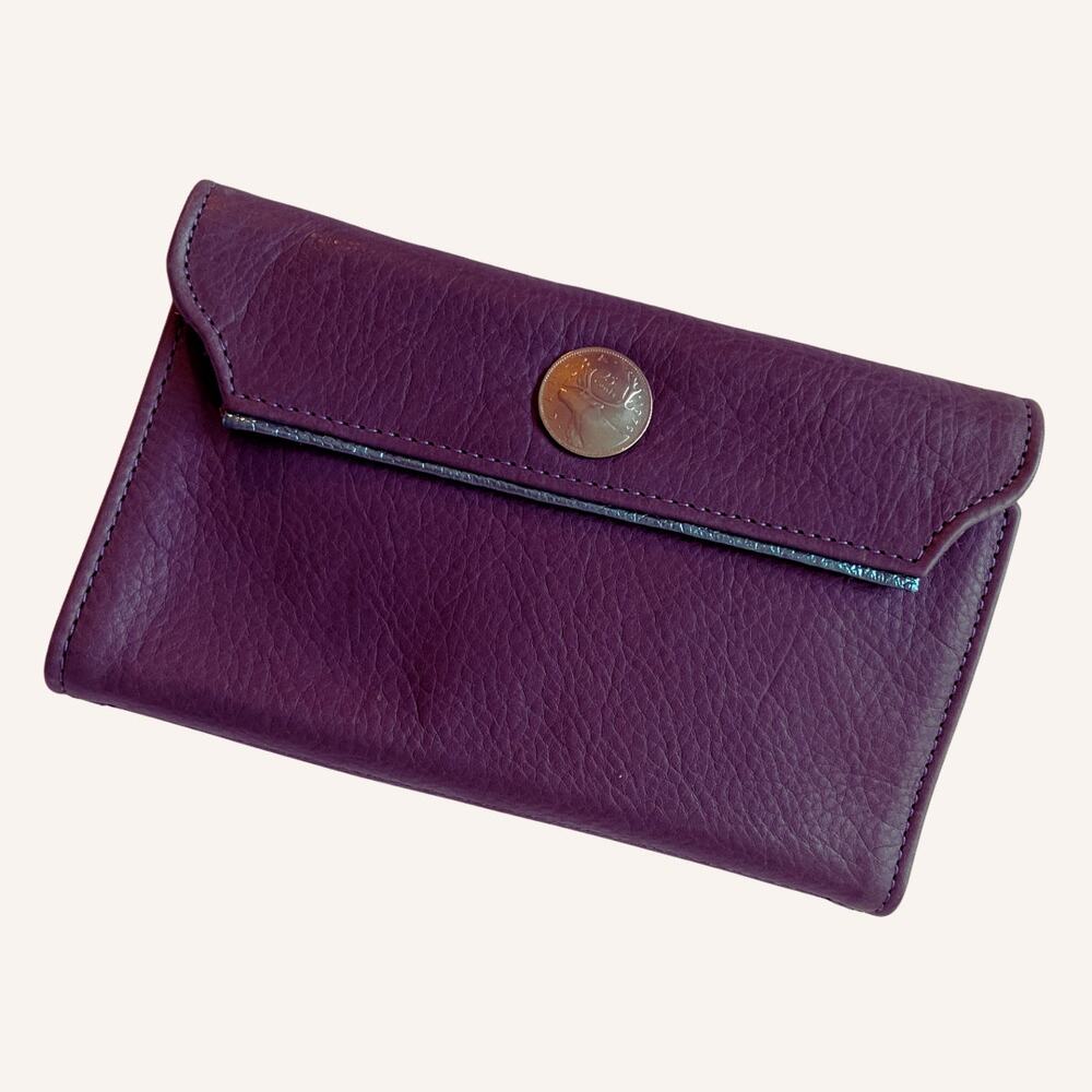 Purple leather wallet, vintage 90s, Canadian coin 7x4 checkbook photos